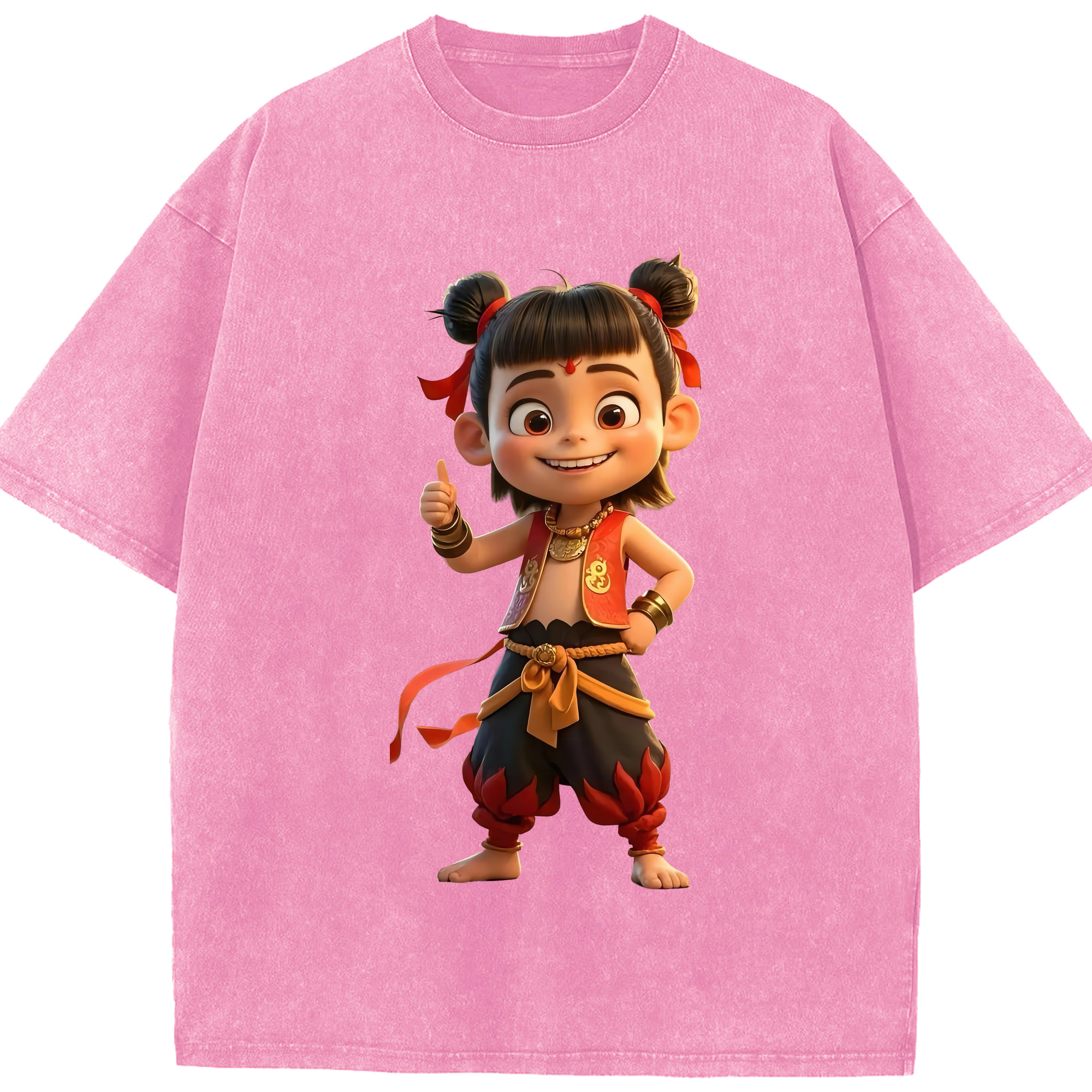 （画像用） Ne Zha 2 ナタ 魔童の大暴れ 綿100% ヴィンテージ風 半袖Tシャツ（フロントプリント）